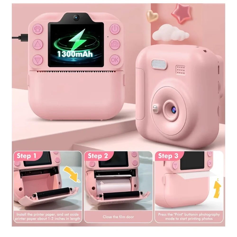 Kids Instant Print Camera – Coxlame Pink Digital Camera, New, 64GB SD, Stickers,